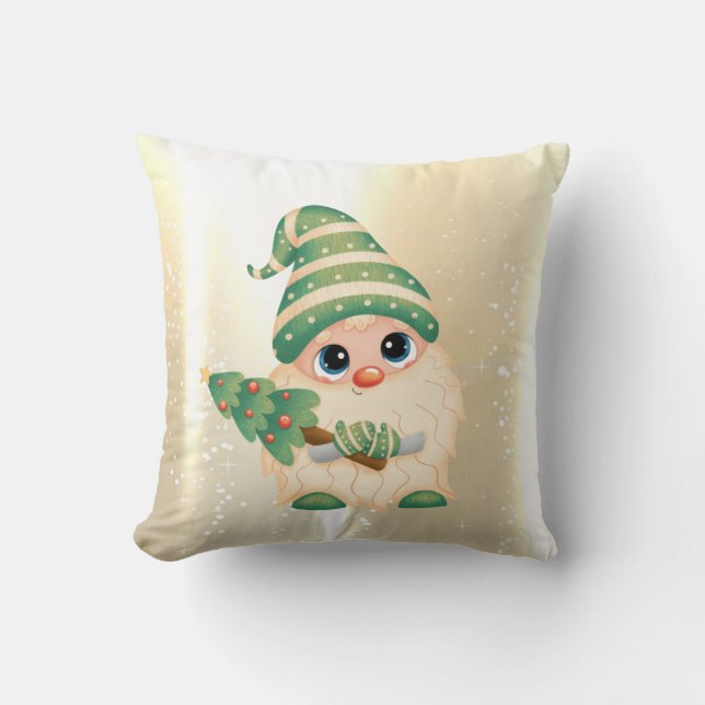 Elegant Shiny,Faux Gold Cute Gnome With Pine Tree Throw Pillow (Front)