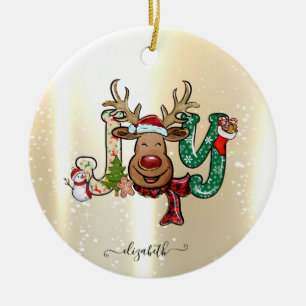 Elegant Shiny,Faux Gold,Reindeer,Snowman Ceramic Ornament