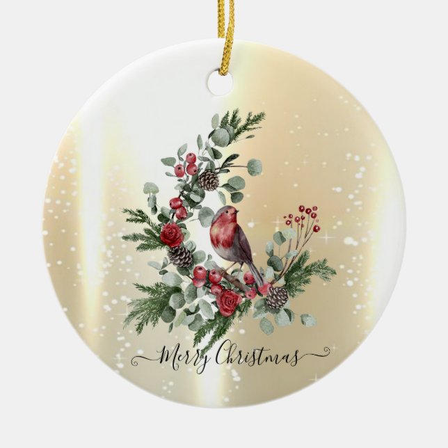 Elegant Shiny Faux Gold,Wreath Red Cardinal Ceramic Ornament (Front)