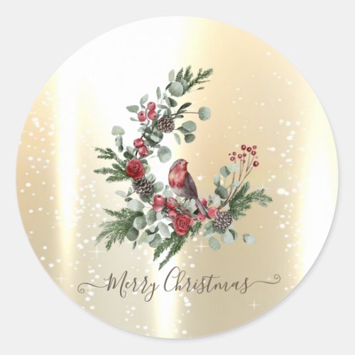 Elegant Shiny Faux GoldWreath Red Cardinal  Classic Round Sticker