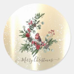 Elegant Shiny Faux Gold,Wreath Red Cardinal Classic Round Sticker