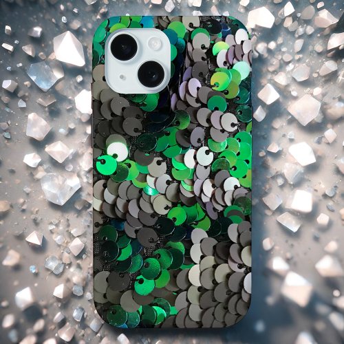 Elegant shiny glamour greens  grays disk sequins  iPhone 15 case