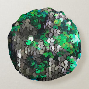 Elegant shiny glamour greens grays disk sequins round pillow