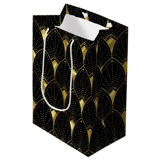 Elegant Shiny Gold Art Deco Pattern On Black Medium Gift Bag (Front Angled)