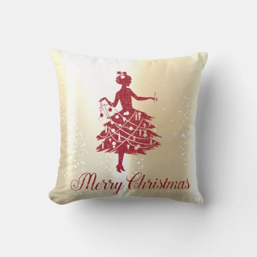 Elegant Shiny Gold Christmas Tree Girl Throw Pillow