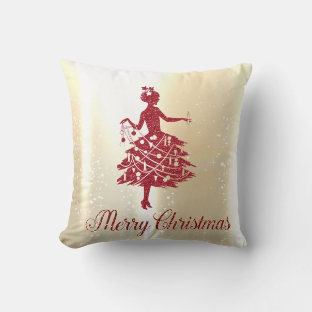 Elegant Shiny Gold Christmas Tree Girl Throw Pillow (Front)