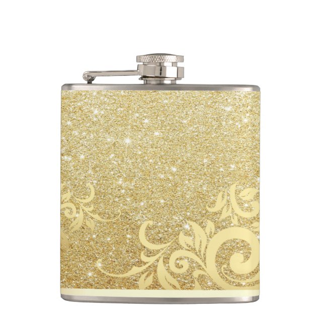 Elegant Shiny Gold Glitter,Lace Flask (Front)