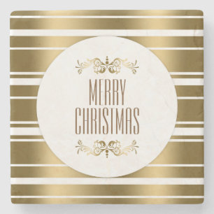 Elegant Shiny Gold Stripes Merry Christmas Stone Coaster