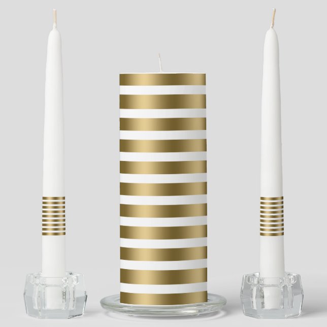 Elegant Shiny Gold & White Stripes Pattern Unity Candle Set (Front)
