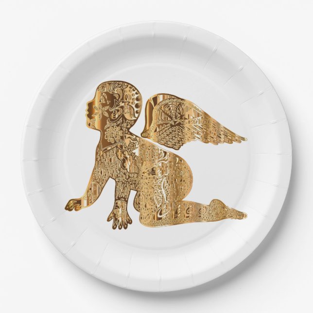 Elegant Shiny Golden Angel Heavenly White Paper Plates (Front)