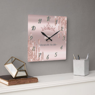 Elegant shiny golden rose square wall clock