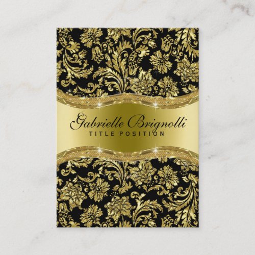 Elegant Shiny Metallic Gold  Black Floral Damasks Business Card