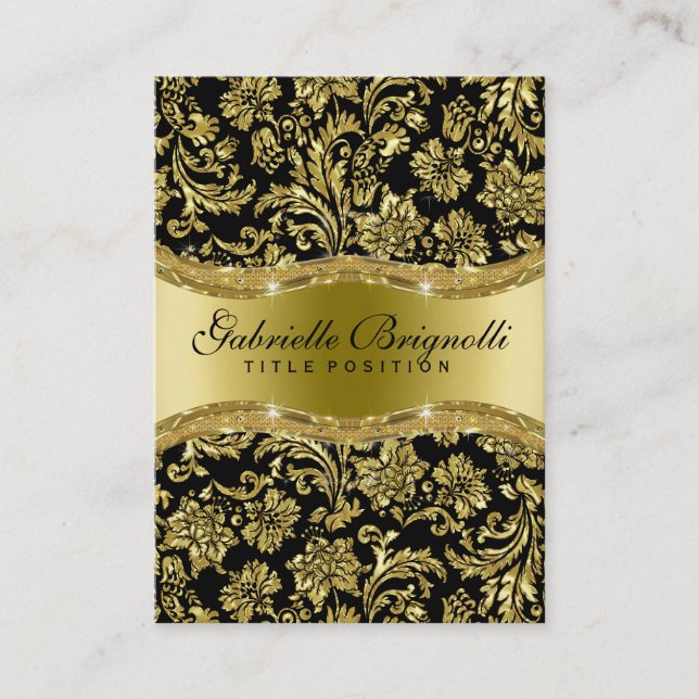 Elegant Shiny Metallic Gold & Black Floral Damasks Business Card (Front)