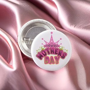 Elegant Shiny Pink Queen Crown Happy mothers day Button