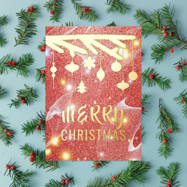 Elegant Shiny Red Glitter Gold Ornaments Christmas Foil Holiday Card (Creator Uploaded)
