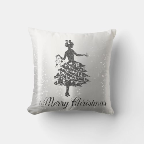 Elegant Shiny Silver Christmas Tree Girl Throw Pillow