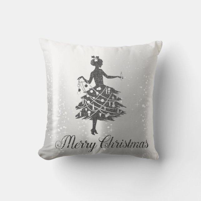 Elegant Shiny Silver Christmas Tree Girl Throw Pillow (Front)