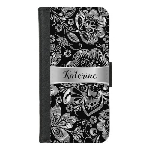 Elegant Shiny Silver Vintage Floral Pattern iPhone 87 Wallet Case