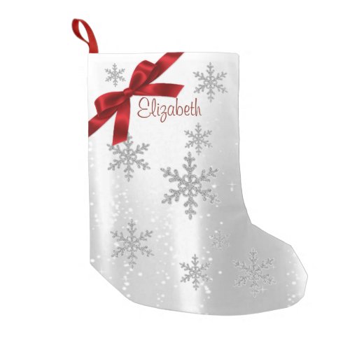 Elegant Shiny SnowflakesRed Bow_Personalized Small Christmas Stocking