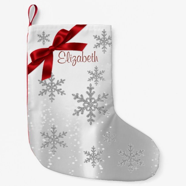 Elegant Shiny Snowflakes,Red Bow-Personalized Small Christmas Stocking (Front)