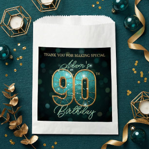 Elegant Shiny Teal Gold 90th Birthday Party Favor Bag