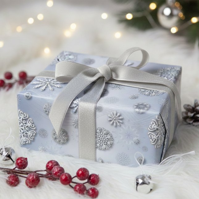 Elegant Shiny Winter Snowflakes On Silver Wrapping Paper Sheets (Creator Uploaded)