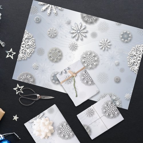 Elegant Shiny Winter Snowflakes On Silver Wrapping Paper Sheets