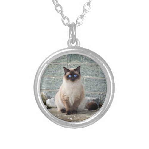 Elegant Siamese Cat Photo Silver Plated Necklace