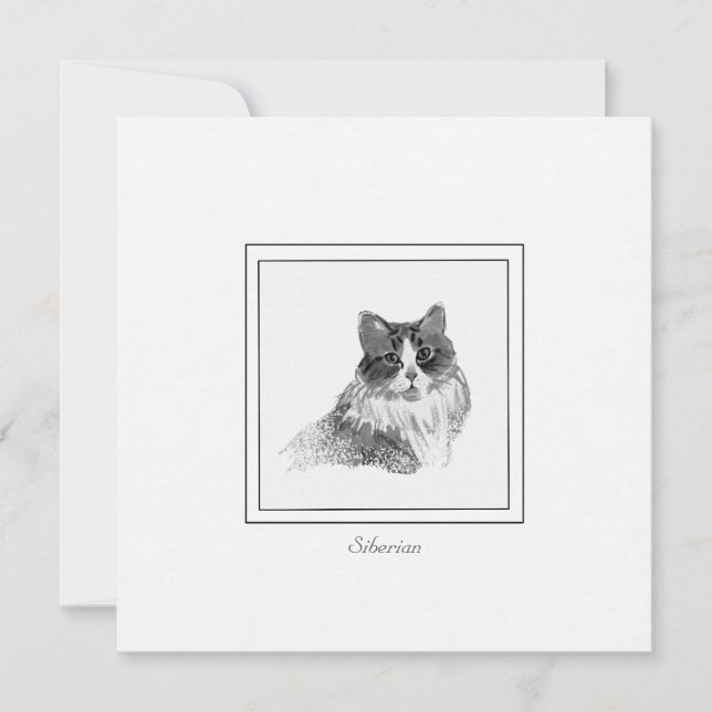 Elegant Siberian Cat Sketch in Charcoal and Chalk Note Card (Front)