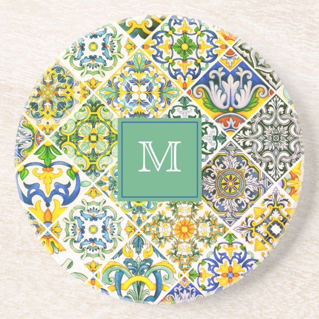 Elegant Sicilian Mediterranean green tiles Coaster (Front)