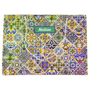 Elegant Sicilian Mediterranean green tiles Large Gift Bag