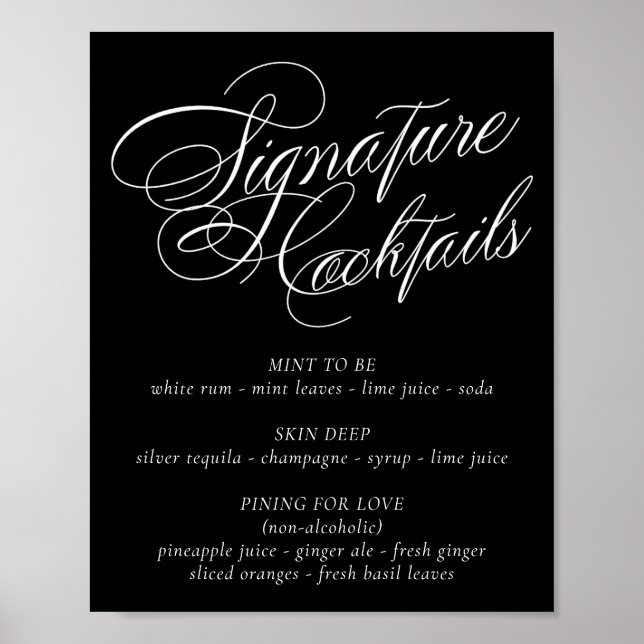 Elegant Signature Cocktail Drink White Calligraphy Poster (Front)