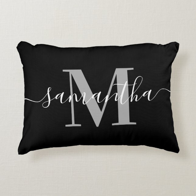 Elegant Signature Grey Modern Monogram Black Accent Pillow (Front)