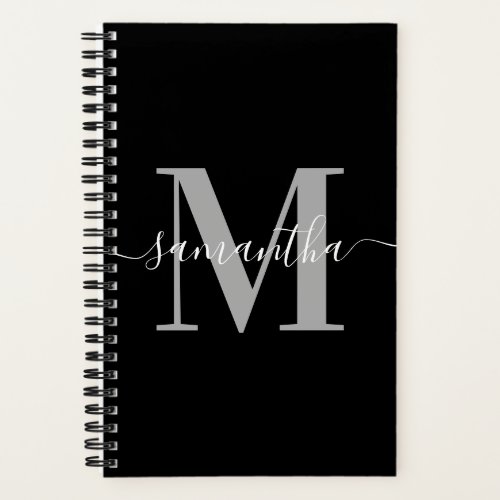 Elegant Signature Grey Modern Monogram Black Notebook