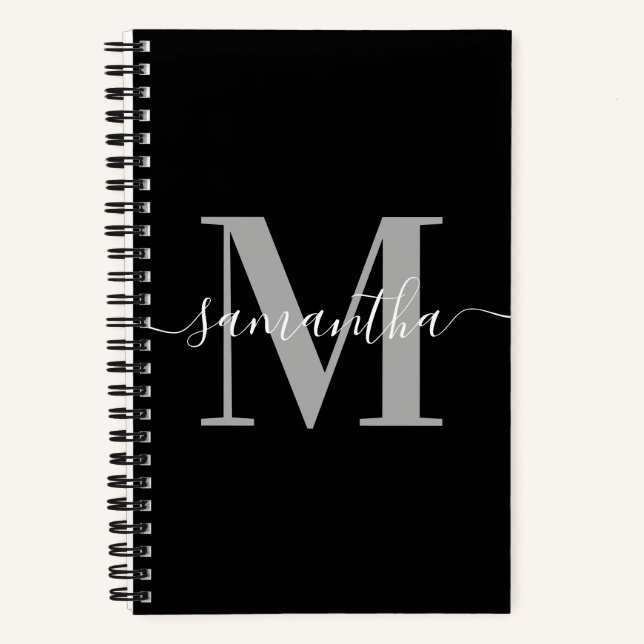 Elegant Signature Grey Modern Monogram Black Notebook (Front)