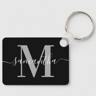Elegant Signature Grey Modern Monogram Black Photo Keychain