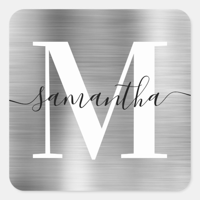 Elegant Signature Modern Monogram Silver Foil Square Sticker (Front)