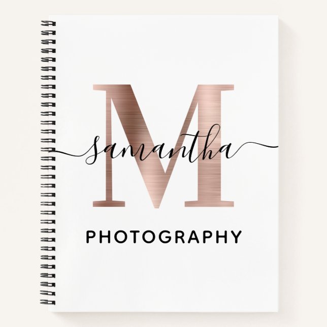 Elegant Signature Rose Gold M Monogram Logo Notebook (Front)