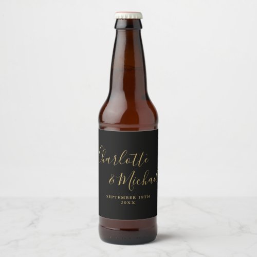 Elegant Signature Script Black And Gold Wedding Beer Bottle Label