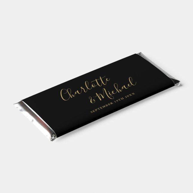 Elegant Signature Script Black And Gold Wedding Hershey Bar Favors (Angled)