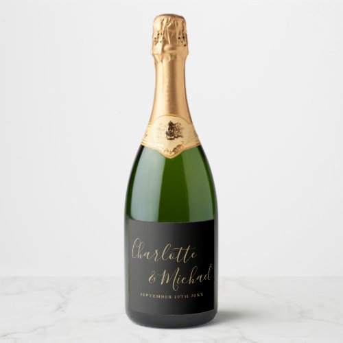 Elegant Signature Script Black And Gold Wedding Sparkling Wine Label