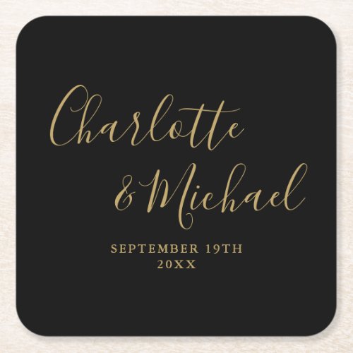 Elegant Signature Script Black And Gold Wedding Square Paper Coaster