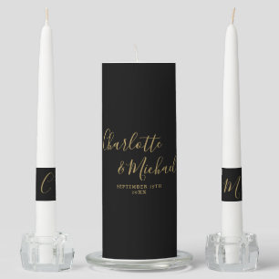 Elegant Signature Script Black And Gold Wedding Unity Candle Set