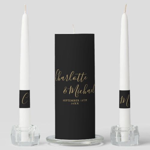 Elegant Signature Script Black And Gold Wedding Unity Candle Set
