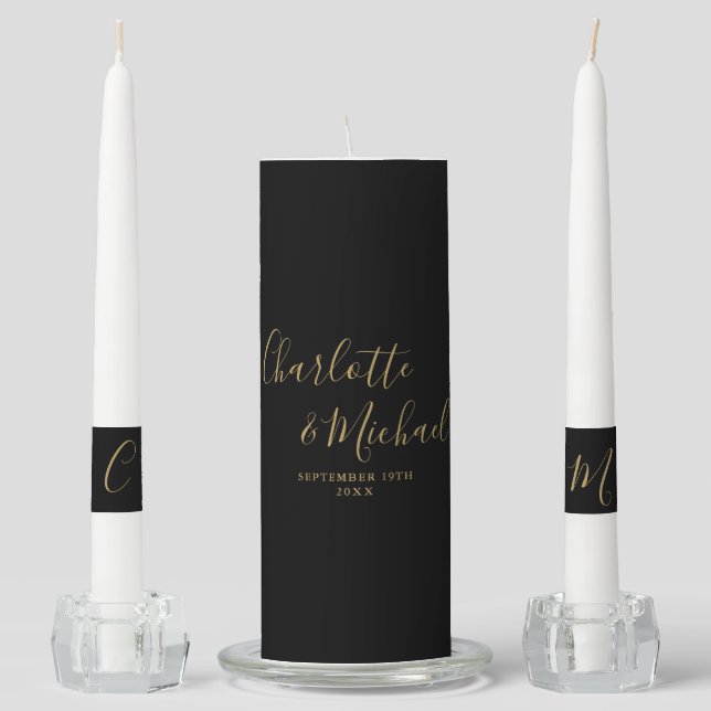 Elegant Signature Script Black And Gold Wedding Unity Candle Set (Front)