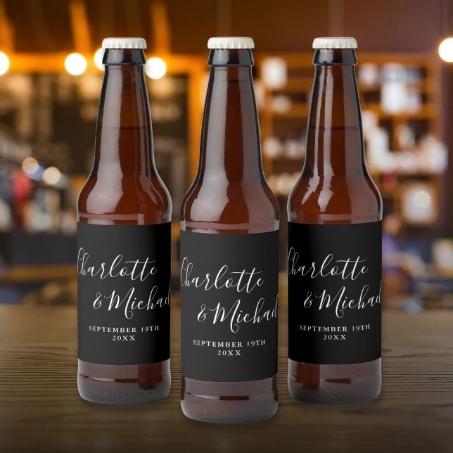 Elegant Signature Script Black And White Wedding Beer Bottle Label (Creator Uploaded)