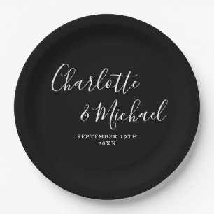 Elegant Signature Script Black And White Wedding Paper Plates