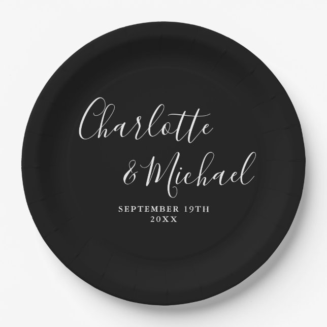 Elegant Signature Script Black And White Wedding Paper Plates (Front)