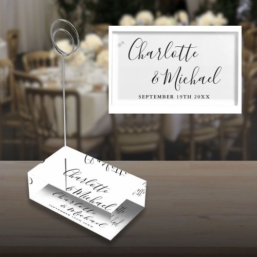 Elegant Signature Script Black And White Wedding Place Card Holder