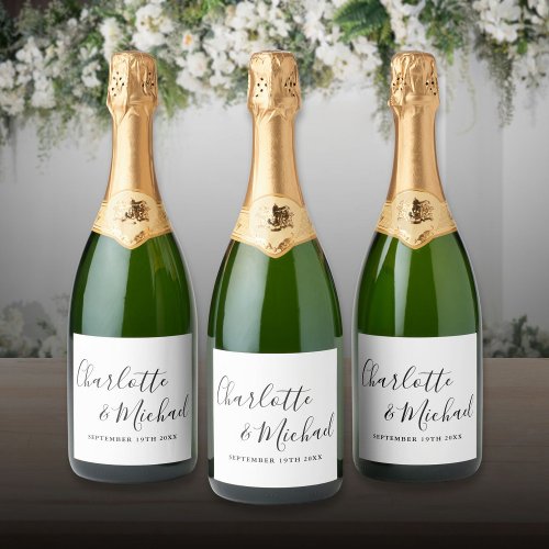 Elegant Signature Script Black And White Wedding Sparkling Wine Label